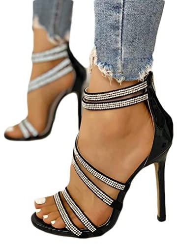 Minetom Damen Sandaletten High Heels Stiletto Reißverschluss Sexy Open Toe Hohl Kreuzgurt Sandalen Abend Party Braut Schuhe A Schwarz 37 EU