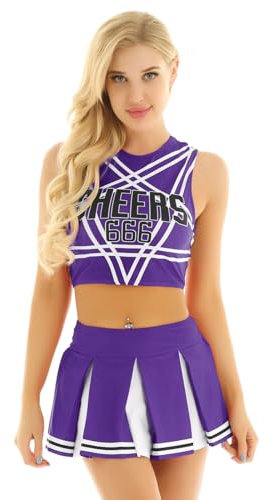 FEESHOW Damen Cheerleading Kostüm Sexy Cheerleading Rock Oberteil Pumpons High School Musical Outfit Karnevalskostüm Party Tanzkleidung Lila XXL