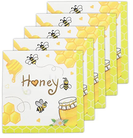 Dulousia Bumble Bee Party-Servietten, Einweg-Papierservietten, gelbe Bienenwaben, für Baby-Geschlecht, Happy Bee Day, Sommerpicknick, Bienengeburtstag, Babyparty, aufgeklappt, 33 x 33 cm, 40 Stück
