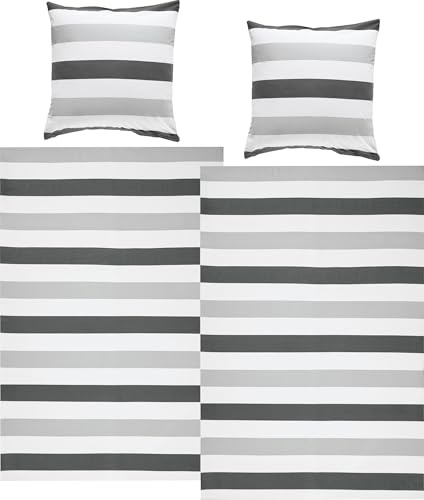 REDBEST Bettwäsche-Set Streifen Sparpaket 4-TLG. Renforcé grau-Silber-weiß Größe 80x80 cm / 135x200 cm - strapazierstark, anschmiegsam, mit Reißverschluss