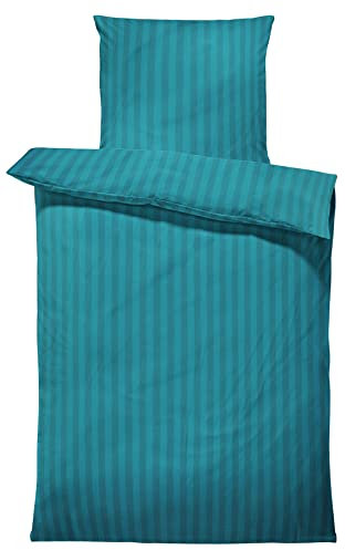 one-home Bettwäsche 155x220cm Streifen gestreift Petrol Hotelbettwäsche Damast Mikrofaser
