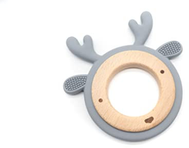 hochwertiger Beißring Hirsch, Reh, Holz, Silikon (phtalatefrei), mit Namen personalisierbar, das perfekte Geschenk zur Geburt oder Taufe (Grau)