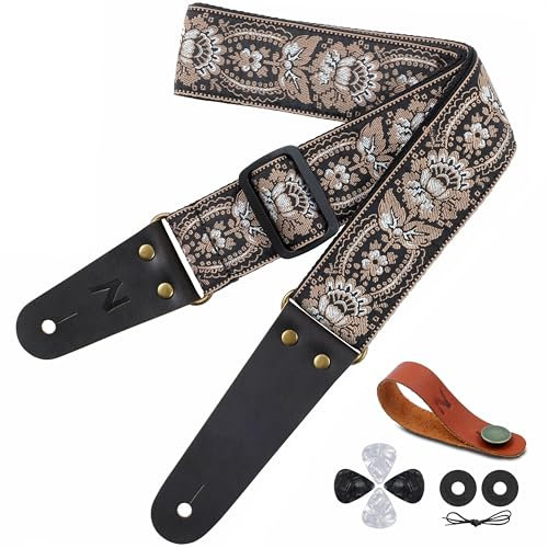 Nefelibata Gitarrengurt, Vintage Baumwollgitarrengurte mit Echtlederenden für Bass-, Elektro- & Akustikgitarren, mit kostenlosem Gurtknopf, 1 Paar Gurtschlössern und 4 Gitarrenplektren