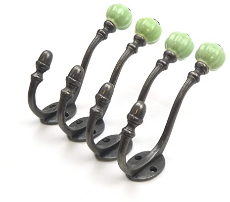 Oakcrafts - Ceramic Tipped Shabby Chic Cast Iron Coat Hook 125mm (Green) - Pack of 4 Hooks