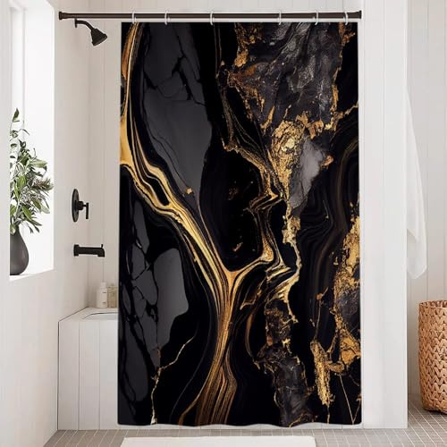 Uiiooazy Rideau Douche Noir Doré, Rideau de Douche Anti Moisissure 120x200cm Effet Marbre Gris Moderne Rideaux de Baignoire Tissu Lavable Imperméable Polyester Rideaux Salle de Bain avec 8 Crochets