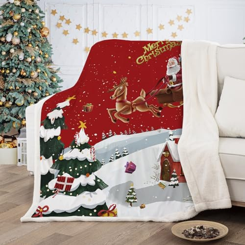DJY Christmas Throw Blanket Red Christmas Santa Claus Tree Deer Printed Blanket for Kids Teens Adults Soft Microfiber Blanket for Bed Couch 150 x 200cm