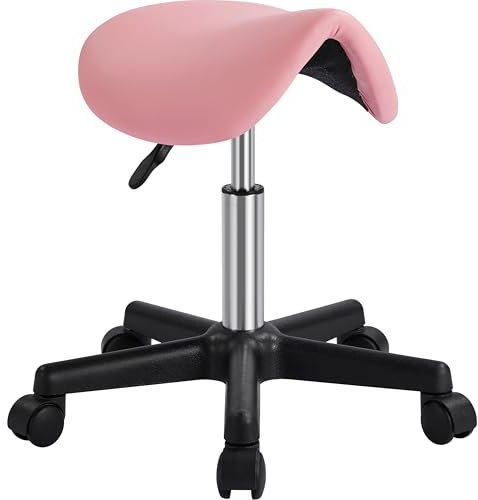 Yaheetech Saddle Stool Adjustable Rolling Salon Chair Swivel Rolling Wheels & Ergonomic for Hairdressing Massage Tattoo Spa Saddle Pink