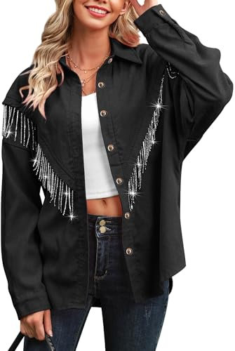 WIEIYM Damen Glitzer Jacke Rhinestones Fransen Knöpfen Jeansjacke Konzert Outfits Langarm Quasten Tshirt Pailletten College Party Jacken,Schwarz,L