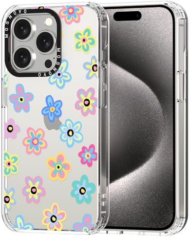 MOSNOVO Case for iPhone 15 Pro, [Buffertech 6.6ft Military-Grade Drop Protection] [Anti Peel Off Tech] Clear TPU Bumper Phone Case Cover Design - Groovy Flower