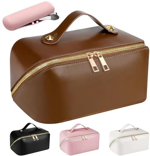 Grande Trousse de Toilette Femme Voyage Capacité,Pochette Trousse Maquillage Voyage XXL en Cuir PU,Makeup Bag Organizer Trousse Rangement Maquillage pour Femmes Fille(Lisse-Brun)