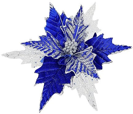 Aphmeir Confezione da 6 fiori di stella di Natale glitterati, 20,3 cm, blu stella di Natale artificiale, decorazione natalizia con steli, per albero di Natale, decorazioni natalizie