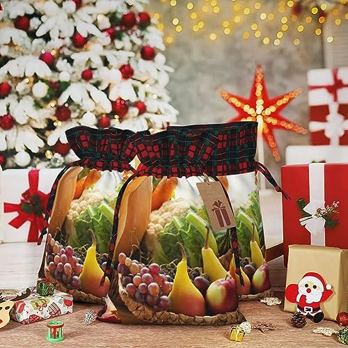Geschenktüten mit Kordelzug, 21,6 x 30,6 cm, Weihnachts-Kordelzugbeutel, Gemüse und Obst, wiederverwendbare Weihnachtsverpackungstasche für Party, Geschenktüten für Geschenke, Dekorationen, Urlaub