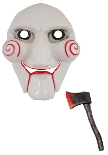 labreeze Gruselige Jigsaw Puppet Gesichtsmaske Fake Blutige Axt Braun Halloween Horror Clown Kostüm Set