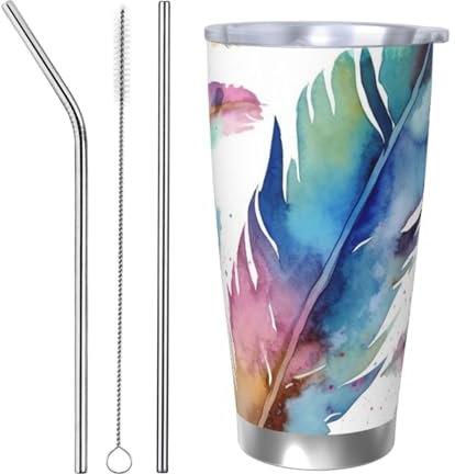 KHiry Edelstahlbecher mit Deckel, 590 ml, Wasserfarben-Motiv, vakuumisoliert, wiederverwendbar, 590 ml, Autobecher, Kaffeetasse für Reisen, doppelwandig, isolierter Becher für Kaffee