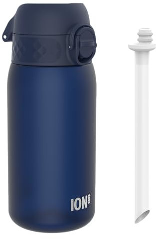 ION8 Kids Water Bottle 350ml/12oz Leak-proof & BPA Free Drinking Bottle with Straw, Triple Lock Lid to Prevent Spills & Integrated Handle, Ideal for Little Hands & Lunch Boxes,Recyclon Navy with Straw