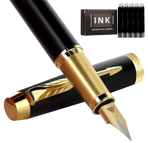 Zalantan Fountain Pen, Luxury Fine Point Smooth Writing Pen for Journaling With Gift Case, 10 Black Ink Cartridges and Ink Converter - Metal Writer Gifts (Matte Black)