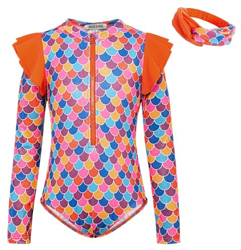 GRACE KARIN Mädchen Badeanzüge Vorne Reißverschluss Stoffdruck Monokini Swimsuit Orange-Fischschuppen 12 Jahre