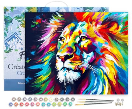 Figured'Art Peinture par Numéro Adulte avec Cadre Lion Coloré Abstrait - Activité Manuelle Kit de Loisir Créatif DIY Numéro d'Art Complet Animaux - 40x50cm toile tendue sur châssis