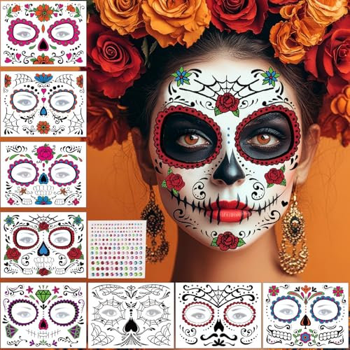 Halloween Tattoo Gesicht, 9 Blätter Dia De Los Muertos Schminke Tattoos Totenkopf Skelett, Gesichtstattoo Halloween Tag der Toten Kostüm Accessoires Damen Herren
