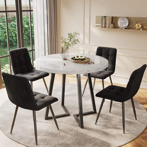 YCYDHDM Juego de mesa de comedor con 4 sillas redondas, juego de comedor para 4 personas, sillas de comedor de terciopelo, juego de mesa de cocina con patas negras para su comedor y sala de estar,