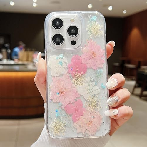 EYZUTAK Case for iPhone 15, Bling Glitter Sequin Handmade Real Dried Flower Leaf Embedded Pressed Floral Flexible Clear Soft Rubber Gel TPU Protective Bumper Back Cover - Pink+White