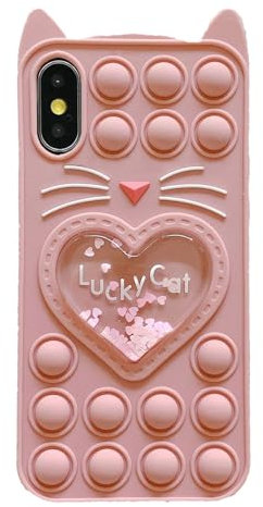 Asgens Fidget Phone Case for iPhone X/XS, Cartoon Lucky Pop Pink Cat Quicksand Bling Stars Push Bubbles Shockproof Silicone Soft Case for Apple iPhone X/XS 5.8 inch