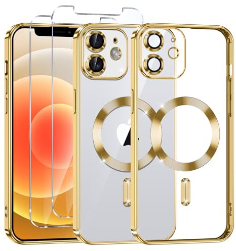 Phoona Klare Magnetisch Hülle für iPhone 12 6,1 Zoll, mit 2 Stück Gehärtete Glas Schutzfolie, Anti-Gelb, Stoßfest Kabellosem Laden, Anti Scratch, Gold