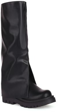 HQINGAXU Donne Stivali Alti da Equitazione in Pelle con Punta Rotonda Tacco Chunky Stivali Biker Lunghi con Risvolto Stivali Caldi Invernali Stivali da Lavoro A Polpaccio Largo,Nero,38 EU
