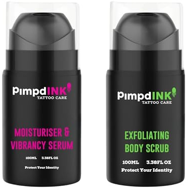 PimpdINK Tattoo Aftercare Kit Bundle | Moisturiser & Vibrancy Serum and Exfoliating Body Scrub | 100ml Airless Pump