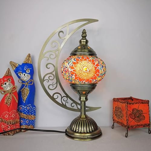 BOTOWI Türkische Lampe mondförmige Mosaik-Tischlampe einzigartiger marokkanischer handgefertigter antiker böhmischer Vintage-Lampenschirm Tiffany-Schreibtisch Nachttischlampe aus Buntglas,Gelb