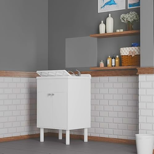 Negrari Zusammensetzung, Waschbecken aus Harz + Spiegel, feuchtigkeitsbeständig, säurebeständige Wanne, Abfluss-Set im Lieferumfang enthalten, Innen- und Außenbereich, L60 x T50 x H85 cm, Weiß