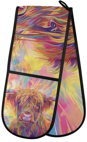 Oven Gloves Double Oven Gloves Long Hair Highland Cow Rainbow Oven Mitts Pot Holder Heat Resistant Quilted for BBQ Baking Kitchen Cooking Gloves