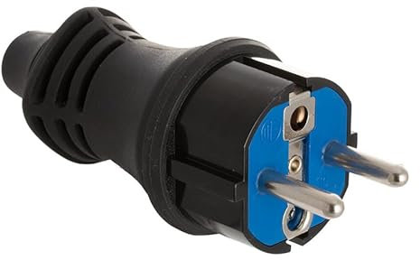 Clavija de caucho negra IP44, 16A, 250V, resistente al agua, ideal para exteriores y equipos eléctricos en ambientes húmedos.