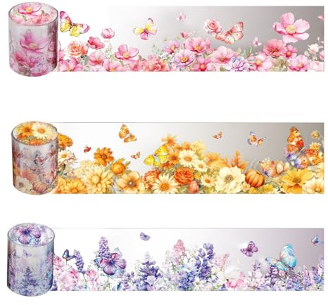 HNLMZ Washi Tape Set,3 Rollen Scrapbook Stickers,Blumen PET Washi Tape,PET Transparente Dekorative Aufkleber für Sammelalben, Tagebücher, Notizblöcke Verwendet und DIY-Fotoalben(C)