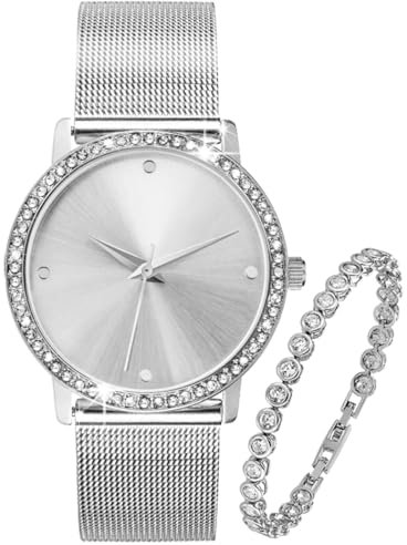 Crystal Blue Damen Armbanduhr Silber Edelstahl Milanaise Mesh Armband wasserdicht klar Zirkonia mit Tennisarmband 22295