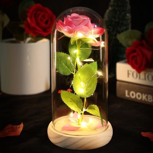 DEEMEI Birthday Gifts for Women Mum Her, Eternal Rose Flowers from Daughter Son, Galaxy Crystal Rose Flower Gift Light Up Rose in a Glass Dome for Girlfriend Wife Anniversary Presents, Pink