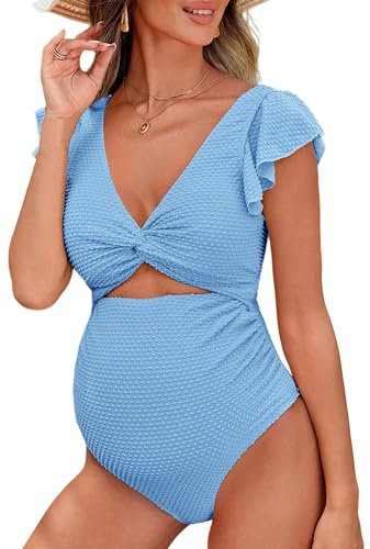 Happy Cherry Maillot de Bain 1 pièce de Maternité Cutout Self-Tie Back Grossesse Maillot de Bain Femmes Enceinte Maternité Swimwear Chic Bleu L