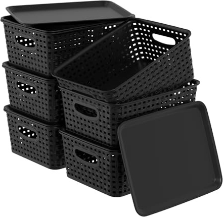 Qskely 6-Pack Plastic Storage Baskets with Lids, Lidded Storage Bins, Black | Stackable Storage Containers, Decorative Storage Boxes for Organizing Shelves, Drawers, Playroom, Classroom, Office, Closet