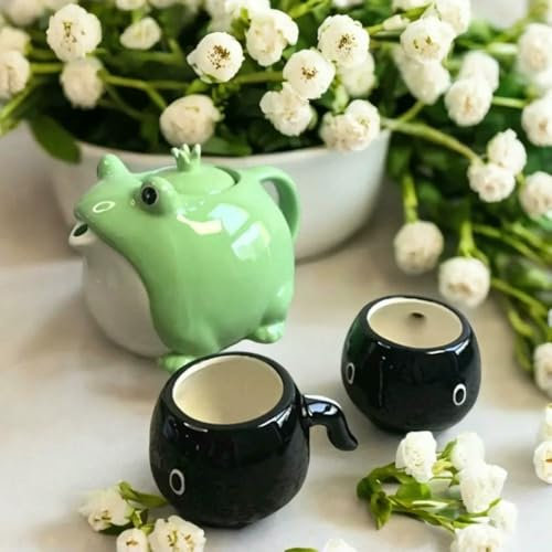 LIUXIN Kawaii Frog Tea Set - Ceramic Teapot + 2 Cups in Japanese Tadpole Design | Fun Kids’ Tea Party Collection