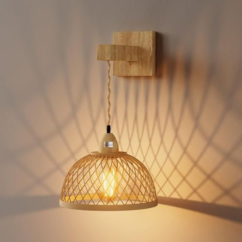 AoLa Applique Murale Intérieure Boho Lanterne Vintage en Bambou Lampe E27 Bambou Bois Lampe Murale Créative Tissée à La Main Lampe de Chevet Rotin Bambou Abat-Jour Demi-Cercle pour Salon Chambre