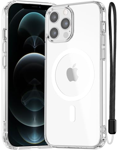 NEW'C Magnetisch Hülle für iPhone 12, 12 Pro (6,1 Zoll) kompatibel mit MagSafe Ultimate, stoßfest-starker Magnetismus und militärischer Schutz-schlanke Hülle mit Umhängeband-Transparent