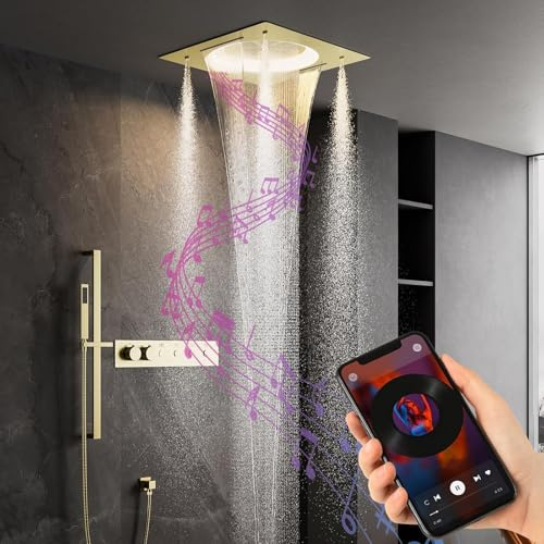 Unterputz Duscharmatur Gold Set, Luxus Musik Unterputz Duschsystem Mit Thermostat, Multifunktional LED 64 Farben Duschset mit Regen Duschkopf 55x55cm, Handbrause, Hebestange MessingköRper