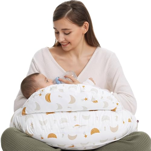 Momcozy Stillkissen Groß mit Sicherheitsumrandung – Ergonomisches Still- und Lagerungskissen mit verstellbarem Gurt & abnehmbarem Baumwollbezug, Sterne und Mond
