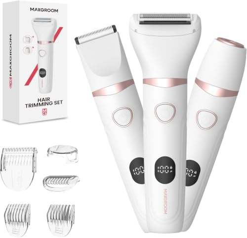 Afeitadora Eléctrica Mujer, MAXGROOM Set de Depiladora Electrica 3 en 1 para Mujer, IPX6 Utilizable en seco/mojado Recortadora Corporal Mujer, Apto para Facial, Cuerpo y Las Zonas íntimas