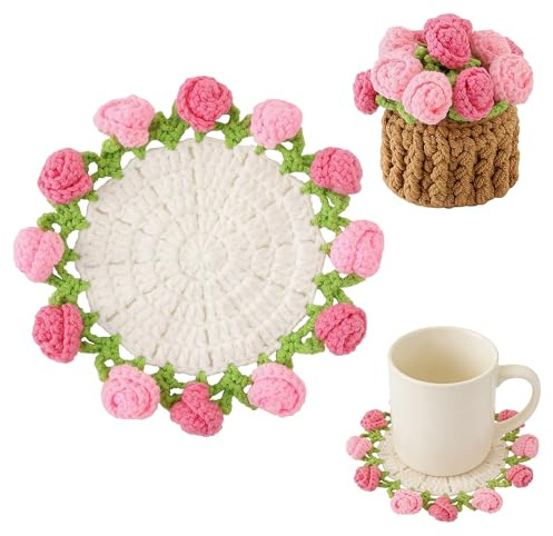AWSOLAR Pink Roses Coaster Drink Crochet Kit
