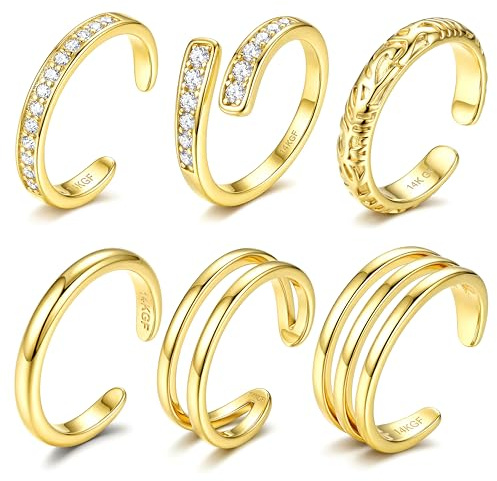 ADRAMARA Zehenring für Damen 14K Vergoldete Verstellbare Zehenringe Set | 6 Stück Zehenring Offene CZ Ringe Nicht Anlaufend,Wasserfest, Sommer Strand Fußschmuck,Silber/Gold