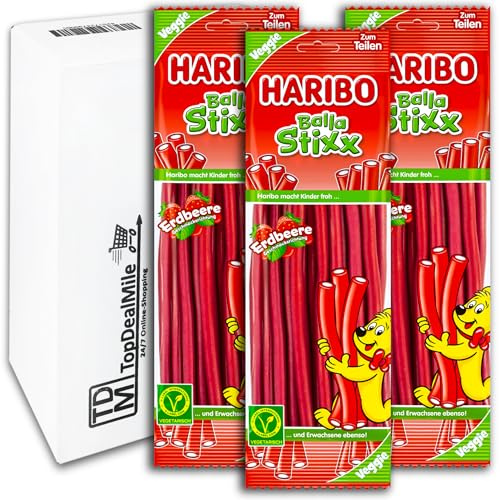 TopDealMile- Vorratspack für Fruchtgummi - von Haribo Balla Stixx Erdbeere vegetarisch 3 x 200g Fruchtgummi-Stangen mit Konfektfüllung und Erdbeergeschmack
