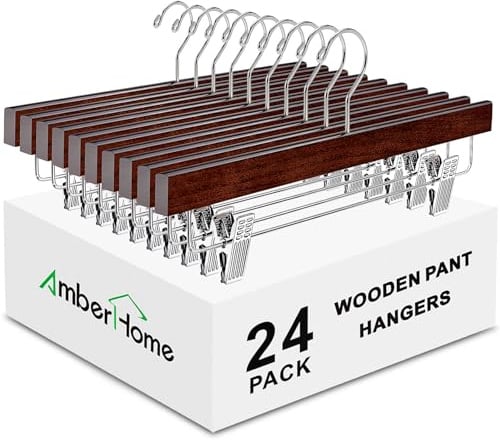 Amber Home 24 Pack Walnut Wooden Pants Hangers with Adjustable Clips, 14