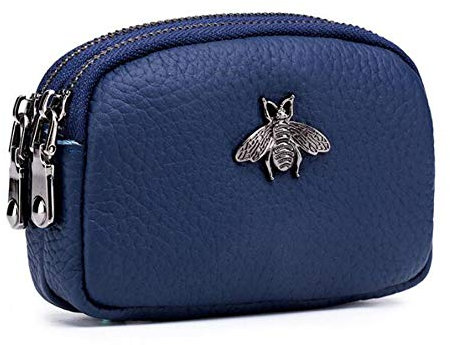 AprinCtempsD Porte-Monnaie Petit en Cuir Véritable Portefeuille Mini Zippé Porte-Cartes avec Double Zip pour Femme Fille (Bleu)