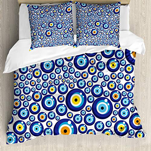 ABAKUHAUS Evil Eye Bettbezugs Set Für Doppelbetten, Turkish Traditional, Milbensicher Allergiker geeignet mit Kissenbezügen, Blau Orange Gelb